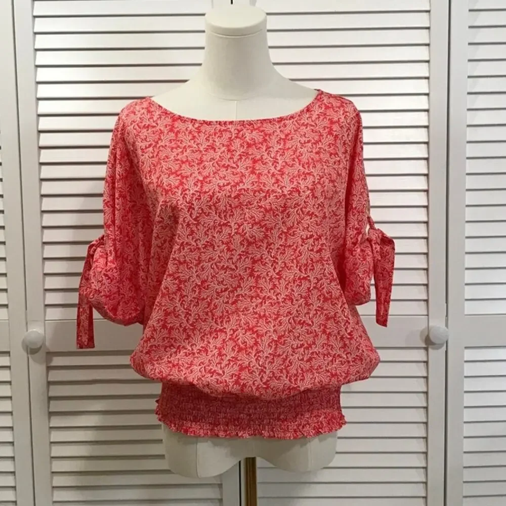 Michael Kors Boho Cottagecore Red Floral Smocked Blouson Blouse L
